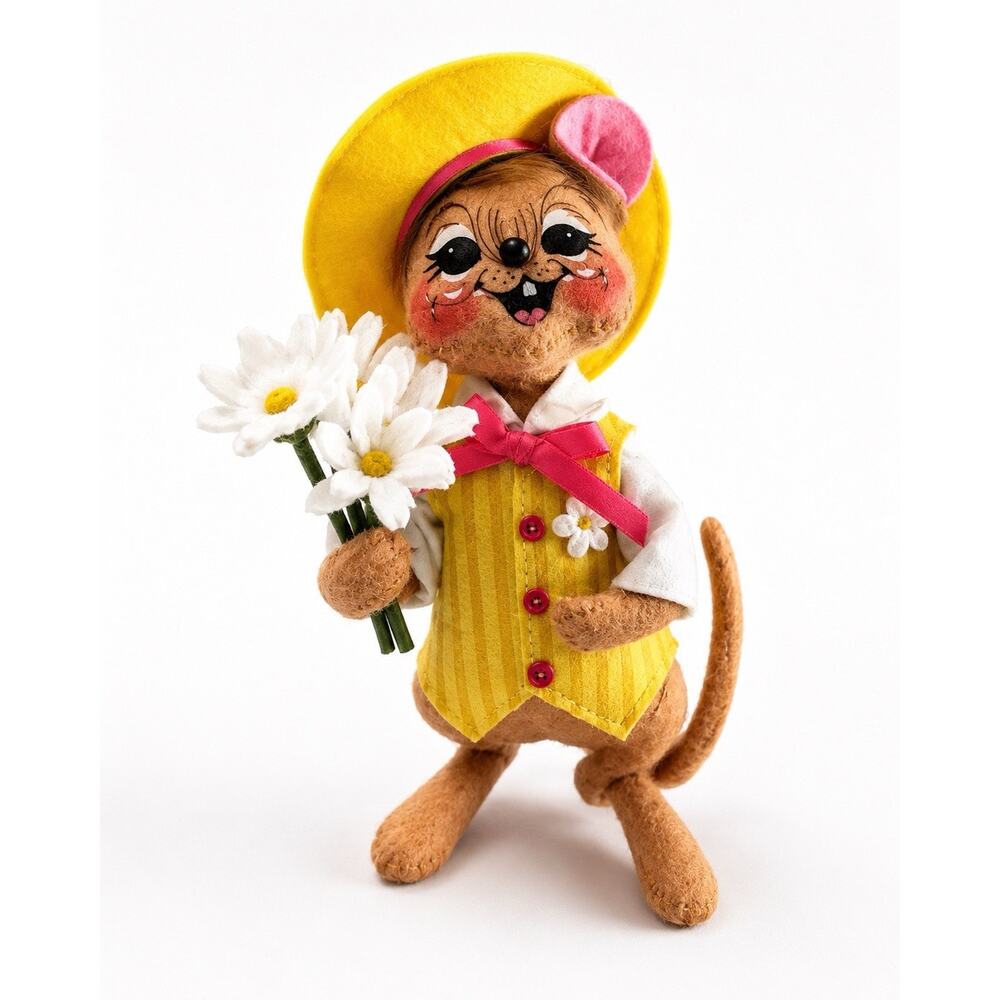 Annalee Mouse Doll 2010 Yellow Hat Flowers Posable Felt Figure 6” Easter Spring
